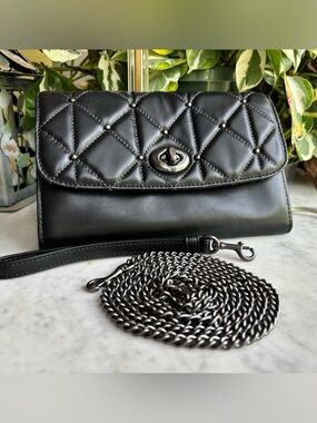 Coach Black Quilted Leather Shoulder Bag with Wrist Strap and Gunmetal Chain